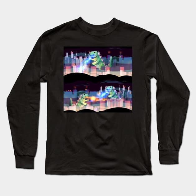 Kaiju lizard dinosaur fire-breathing t-rex mutant radioactive dragons on the rampage Long Sleeve T-Shirt by sandpaperdaisy